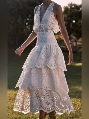 Alexis White Lace Halter Tiered Midi Dress